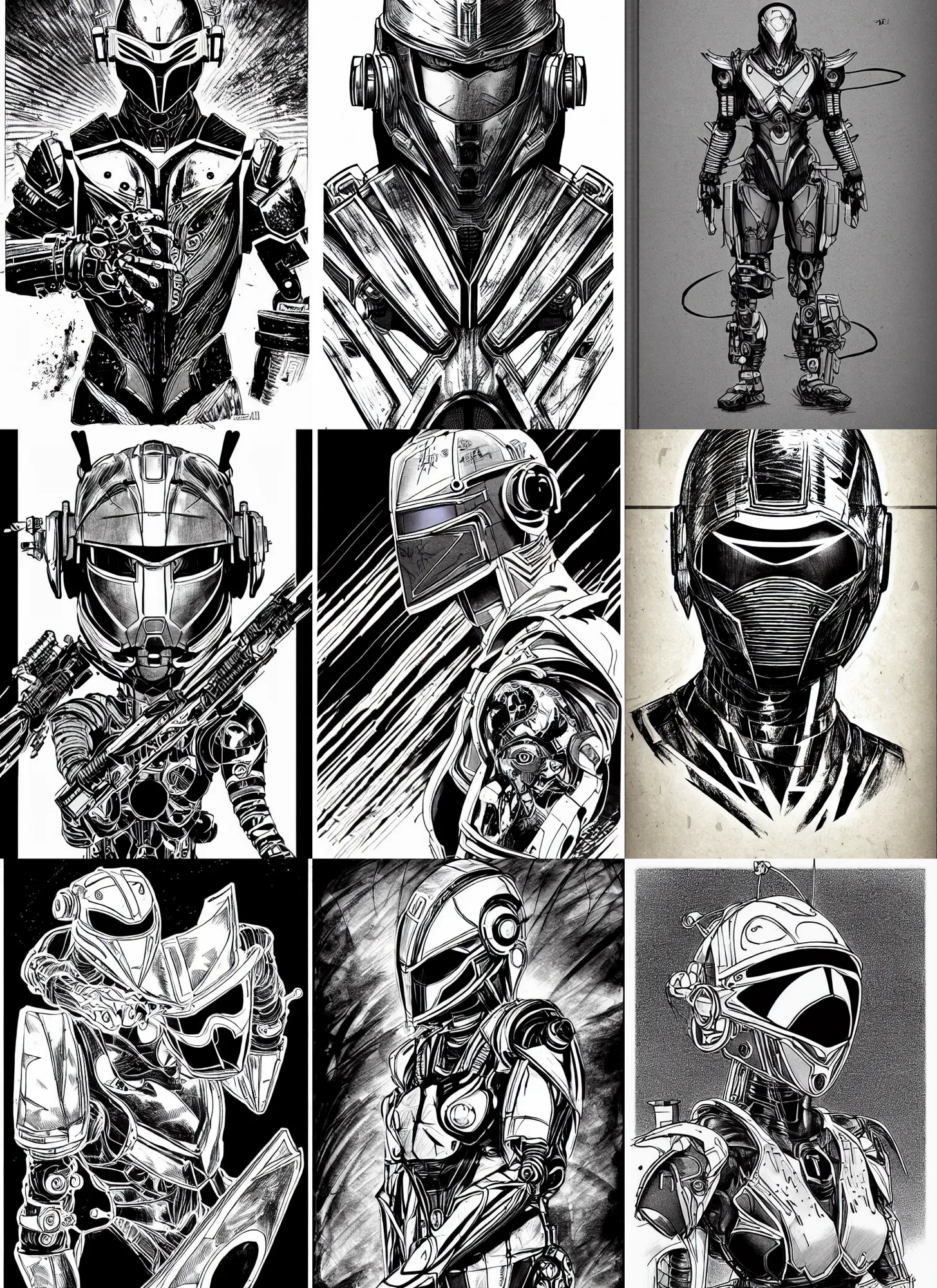 Prompt: combat ninja robot designed by jony ive, warframe art, masculine proportions, detailed helmet, portrait, cyberpunk 2 0 2 0 manual, by steampoweredmikej, by tim bradstreet, inktober, ink drawing, black and white, coloring pages, manga, highly detailed