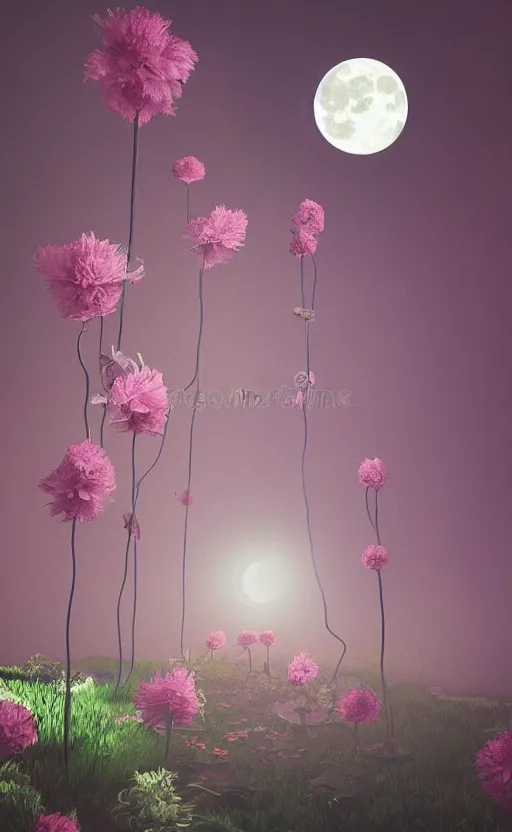 Image similar to surreal flowers under the moonlight, soft render, volumetric lighting, 3d grainy aesthetic illustration, editorial magazine cover