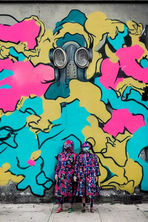 Image similar to a surreal portrait of two women wearing gas masks camouflaged into a wall of colorful graffiti in the style of brooke didonato, editorial fashion photography from vogue magazine, full shot, nikon d 8 1 0, ƒ / 2. 5, focal length : 8 5. 0 mm, exposure time : 1 / 8 0 0, iso : 2 0 0