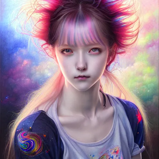 Prompt: a portrait of girl with rainbow hair white shirt, denim shorts, an ultrafine detailed painting by ayami kojima, cgsociety, fantasy, anime digital art, lovecraftian, cosmic horror, detailed painting