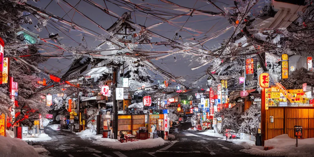 Image similar to a Japanese cyberpunk shrine, snowing, photograph,, sharp focus, intricate detail, drone shot, high resolution, 8k, neon streetlights, wires hanging down everywhere, Japan, colourful,,