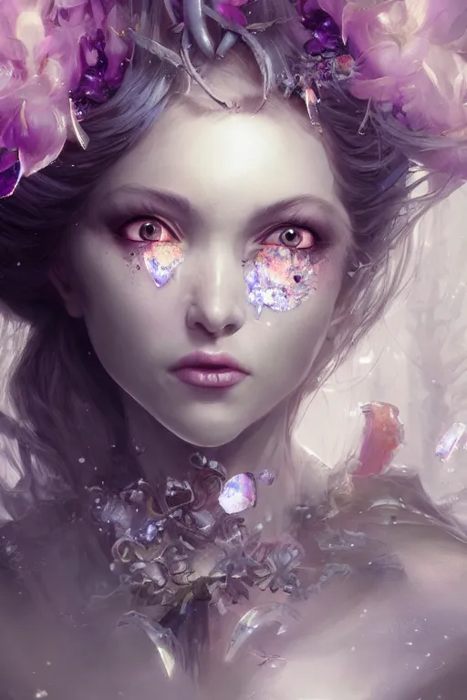 Image similar to fairy face closeup of beautiful girl necromancer, witch - doctor covered with crystals exploding into ice, 3 d render, hyper realistic detailed portrait, holding magic flowers, ruan jia, wlop. scifi, fantasy, hyper detailed, octane render, concept art, peter mohrbacher