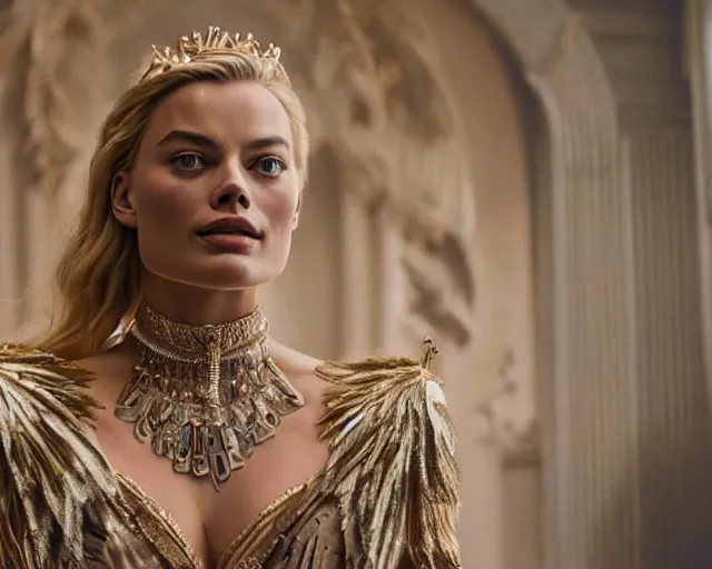 Image similar to Margot robbie as a goddess in heaven, Photography, Cinematic, Portrait, insanely detailed and intricate, hypermaximalist, elegant, ornate, hyper realistic, super detailed