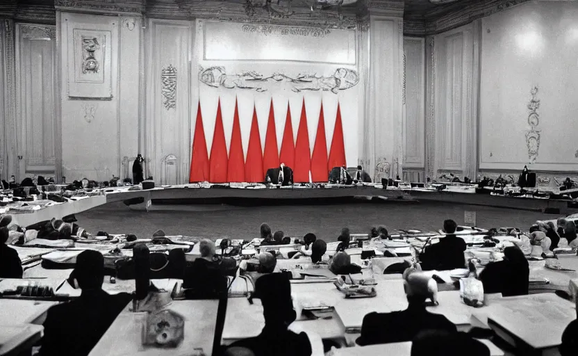 Image similar to 60s movie still of a CCCP congress with soviet flags and many soviet general stanilist style palace interior, by Irving Penn , cinestill 800t 35mm black and white, heavy grainy picture, very detailed, high quality, 4k, HD criterion, precise texture