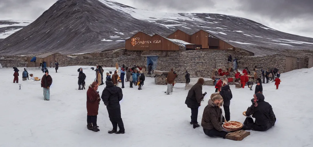 Image similar to people eating a pizza by the seed vault in Svalbard, 80s style, smiling maniacally, 8k, james gurney, greg rutkowski, john howe, artstation