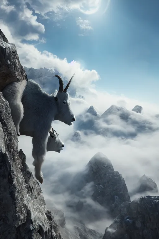 Prompt: an ethereal mountain goat guiding you across a summit of a beautiful mountain range, above the clouds, following a man made path, photorealistic, unreal engine 5, 8 k post production, cinematographic, ray tracing, v - ray, octane render, go pro, artstation trending, concept art