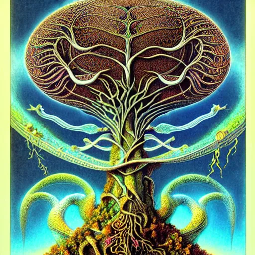 Image similar to sacred mulberry tree by roger dean and andrew ferez, art forms of nature by ernst haeckel, divine chaos engine, symbolist, visionary, art nouveau, botanical fractal structures, tree of life, lightning bolts, heimat, detailed, realistic, surreality