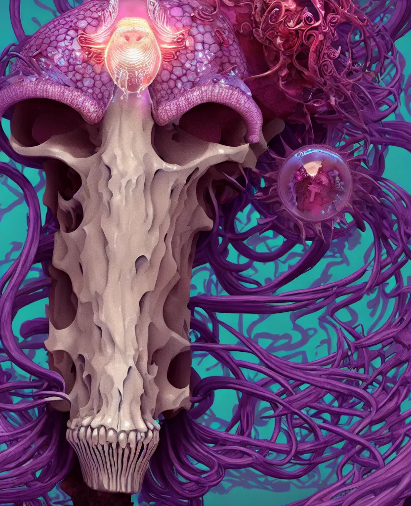 Image similar to goddess close-up portrait ram skull, thorax, x-ray, backbone, jellyfish phoenix head, nautilus, orchid, skull, betta fish, bioluminiscent creatures, intricate artwork by Tooth Wu and wlop and beeple. octane render, trending on artstation, greg rutkowski very coherent symmetrical artwork. cinematic, hyper realism, high detail, octane render, 8k