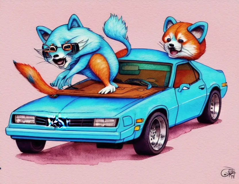 Prompt: cute and funny, redpanda riding in a tiny 1 9 8 7 chevy camaro, ratfink style by ed roth, centered award winning watercolor pen illustration, isometric illustration by chihiro iwasaki, edited by range murata, tiny details by artgerm and watercolor girl, symmetrically isometrically centered