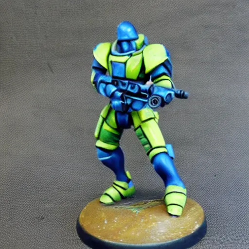 Prompt: Tau firewarrior figurine painted in blue and green