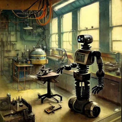 Image similar to ( ( ( ( ( 1 9 5 0 s retro boy inventors science fiction cluttered robot mechanics shop interior scene. muted colors. ) ) ) ) ) by jean - baptiste monge!!!!!!!!!!!!!!!!!!!!!!!!!!!!!!