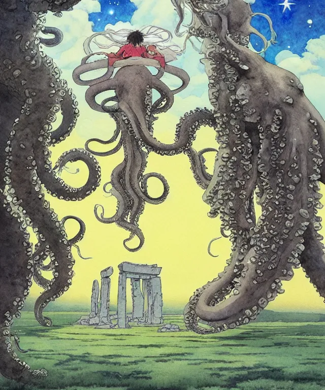 Image similar to a hyperrealist studio ghibli watercolor fantasy concept art. in the foreground is a giant long haired grey octopus sitting in lotus position on top of stonehenge with shooting stars all over the sky in the background. by rebecca guay, michael kaluta, charles vess