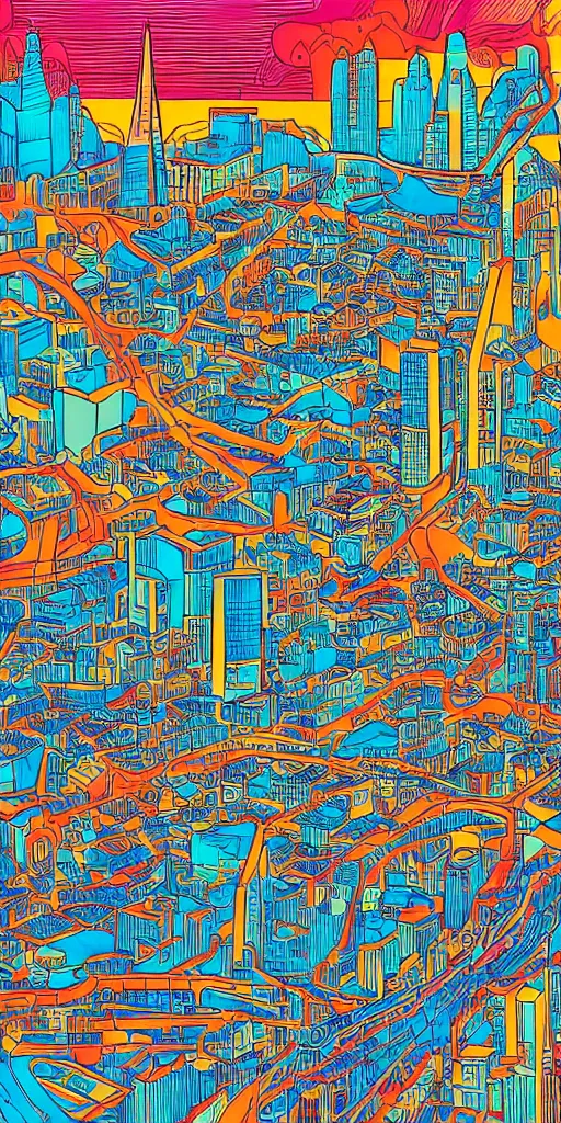 Image similar to san francisco san francisco san francisco, ultrafine detailed illustration by james jean, intricate linework, bright colors, behance contest winner, vanitas, angular, altermodern, unreal engine 5 highly rendered, global illumination, radiant light, detailed and intricate environment