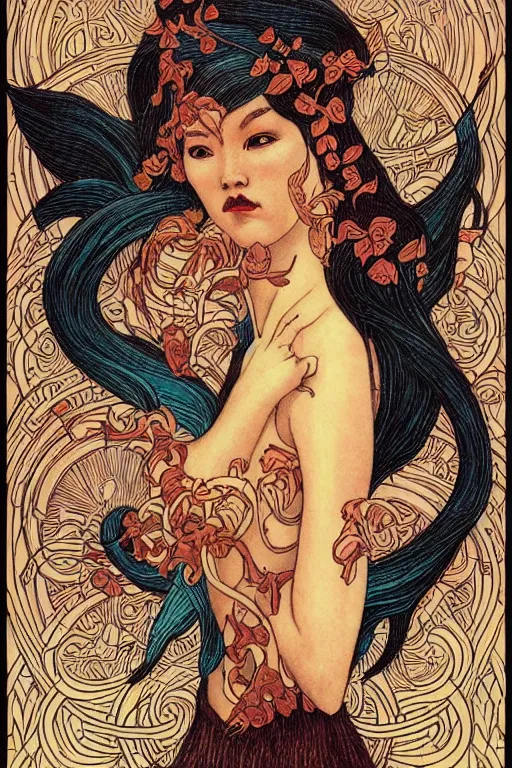 Prompt: Devil by Audrey Kawasaki in the style of Gaston Bussière, art nouveau