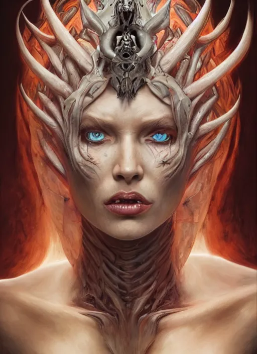 Image similar to a hyper detailed full face portrait of human transforming into the queen of blades, diablo 4 lilith, sideshow figurines, by dorian cleavenger, greg rutkowski, wlop, astri lohne, zdzisław beksinski trending on artstatio