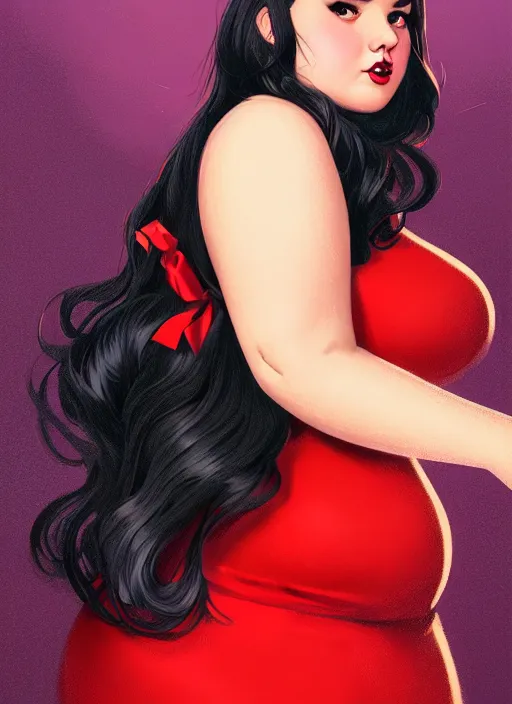 Image similar to full body portrait of teenage veronica lodge, obese, bangs, sultry, realistic, sultry smirk, wavy hair, red skirt, fat, belly, intricate, elegant, glowing lights, highly detailed, digital painting, artstation, concept art, smooth, sharp focus, illustration, art by wlop, mars ravelo and greg rutkowski