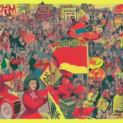 Prompt: a communist revolution in Candy Land, 1960s illustration, high quality, collage in the style of Klaus Voormann, album cover