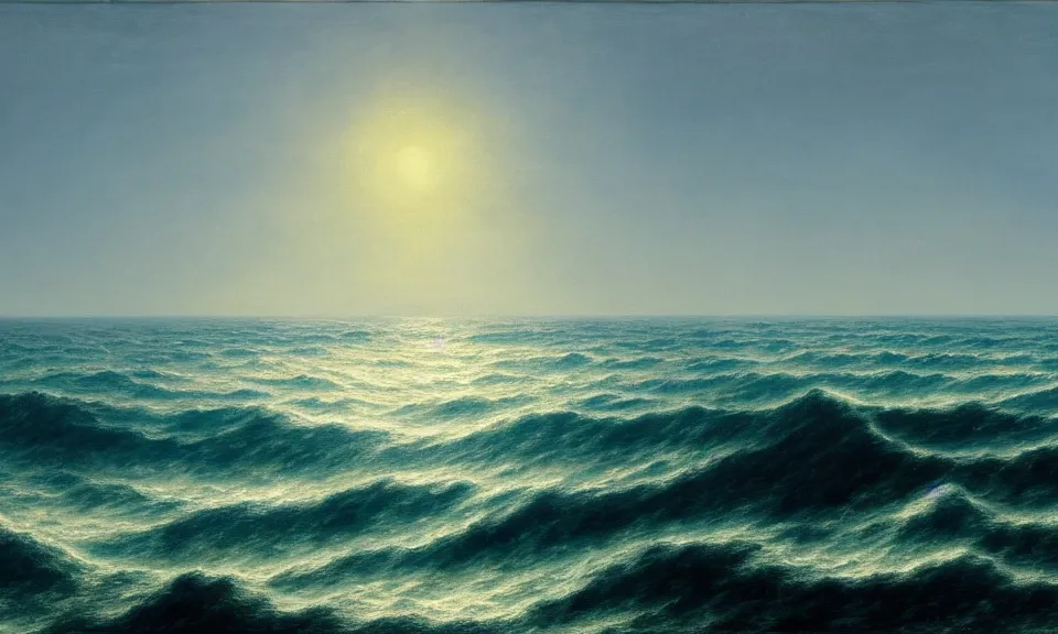 Image similar to a cinematic hyperrealism highly detailed photograph of blue ocean, by caspar david friedrich, trending on artstation