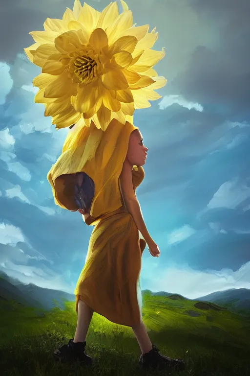 Image similar to closeup girl with large yellow dahlia flower face, standing on mountain, surreal photography, blue storm clouds, dramatic light, impressionist painting, digital painting, artstation, simon stalenhag