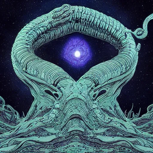 Prompt: “the corpse of a cthonic being drifting amoung the stars. Lovecraftian art. Extreme detail. Coherent composition. Mœbius. Digital painting”