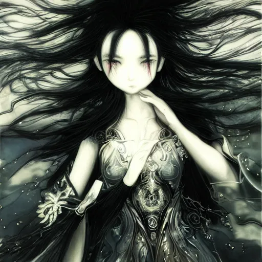 Image similar to yoshitaka amano blurred and dreamy illustration of an anime girl with black eyes, wavy white hair fluttering in the wind wearing elden ring armor and engraving, abstract black and white patterns on the background, noisy film grain effect, highly detailed, renaissance oil painting, weird portrait angle, blurred lost edges, three quarter view