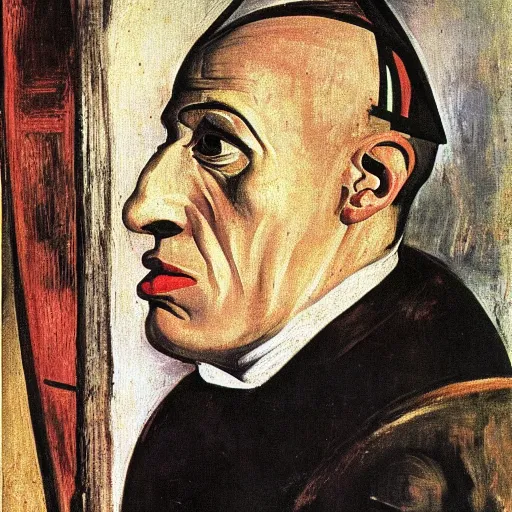 Prompt: Portrait of Pope Innocent X in a cage by Velasquez painting by Pablo Picasso and Chaïm Soutine and Alberto Giacometti, vhs, painting by Pablo Picasso