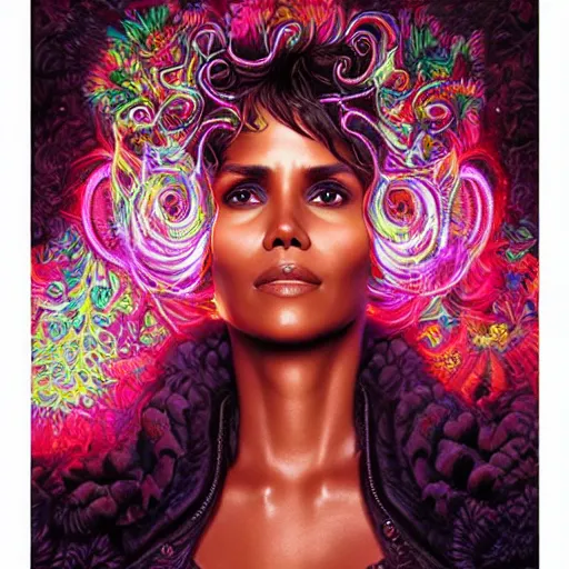 Image similar to portrait of halle berry, hyper detailed masterpiece, neon floral pattern, jean giraud, digital art painting, darkwave goth aesthetic, psychedelic, artgerm, donato giancola and tom bagshaw