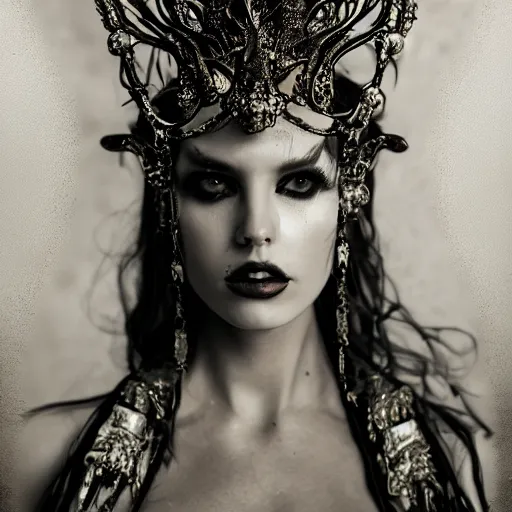 Image similar to a portrait of female model by stefan geselle, nekro borja and peter kemp, dark fantasy, ornate headpiece, dark beauty, photorealistic, canon r 3, photography