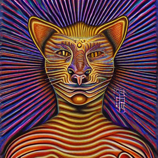 Prompt: cat having an ego trip, by alex grey