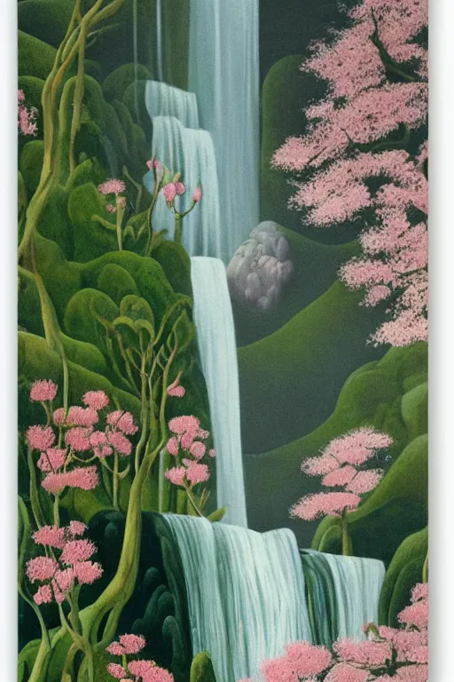 Prompt: hanging garden, waterfalls, blooming hills with spring flowers and pillars by helen lundeberg