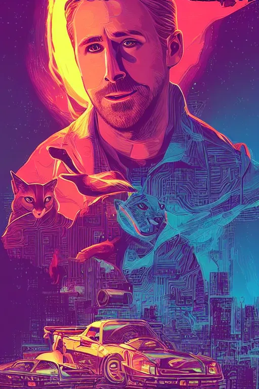 Image similar to a portrait of Ryan Gosling holding a cute caracal with thunders in the sky in a future cybernetic city, outrun style and colours, trending on arstation, by dan mumford, by ross tran