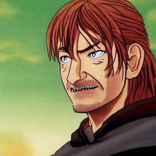 Image similar to boromir from the anime lord of the rings (1986), ginger hair, looking serious, some beard, studio ghibli, very detailed, realistic