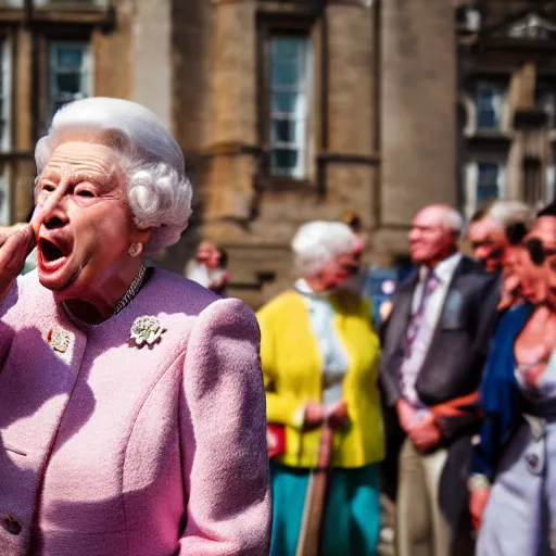 Image similar to elderly woman screaming at queen elizabeth ii as a 1 9 8 0 s wrestling action figure, canon eos r 3, f / 1. 4, iso 2 0 0, 1 / 1 6 0 s, 8 k, raw, unedited, symmetrical balance, wide angle