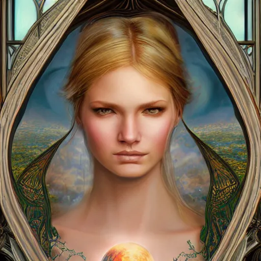 Image similar to realistic detailed face portrait of heaven by emilia dziubak, will terry, greg olsen, chris mars, ann long, and mark brooks, fairytale, female, feminine, art nouveau, illustration, character concept design, storybook layout, story board format