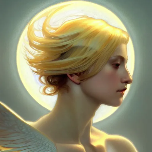 Image similar to Winged girl angel with blonde hair and glowing halo, iridescent, seraphim, fantasy, intricate, elegant, highly detailed, digital painting, artstation, concept art, smooth, sharp focus, illustration, art by Krenz Cushart and Artem Demura and alphonse mucha