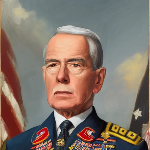 Prompt: official portrait of the united states president, 1 9 4 1. president marvin sparrow. commanding general in the great anglo war, senator and governor from vermont, and now at 6 1 years old holds the highest office. resolute desk, oval office, american flag, oil on canvas painting by noah parelez, trending on artstation