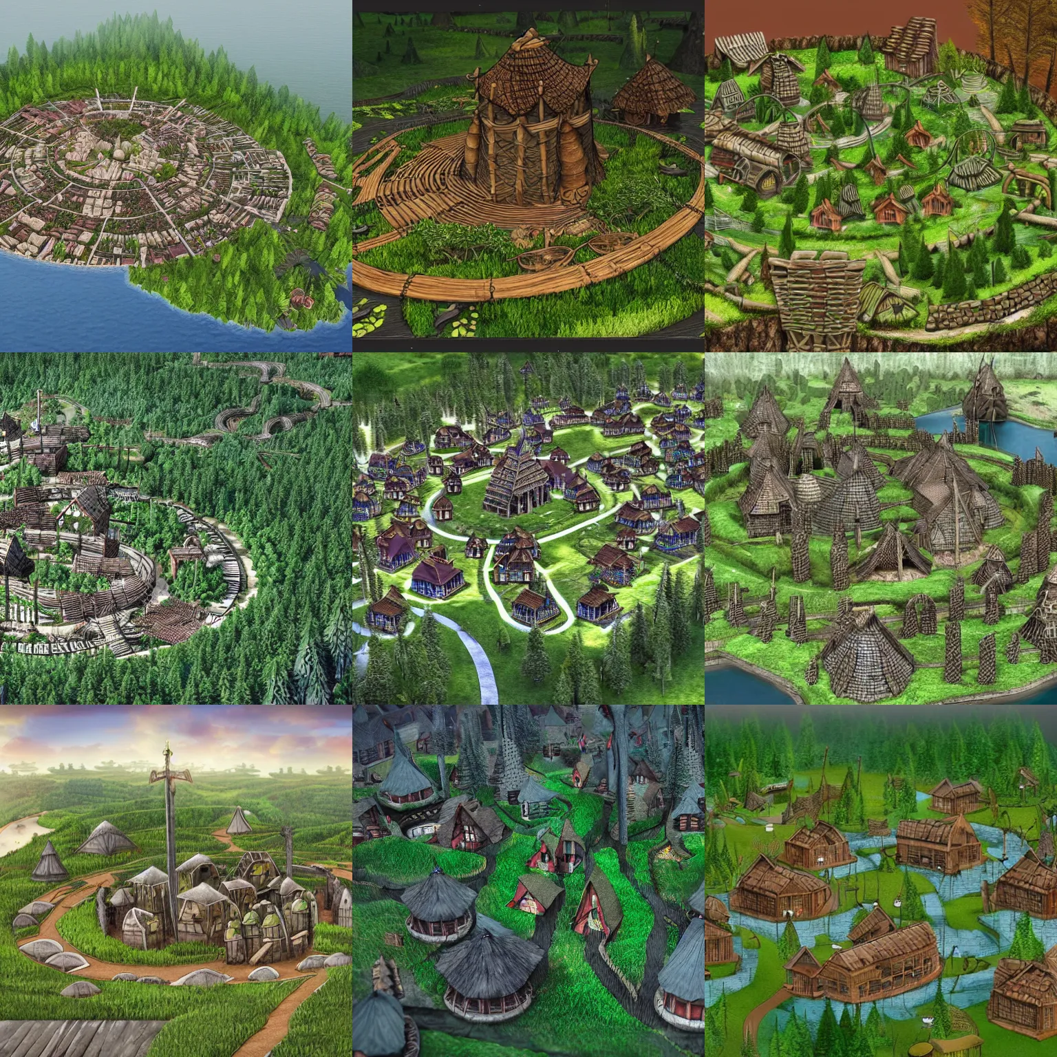 Prompt: forested viking city