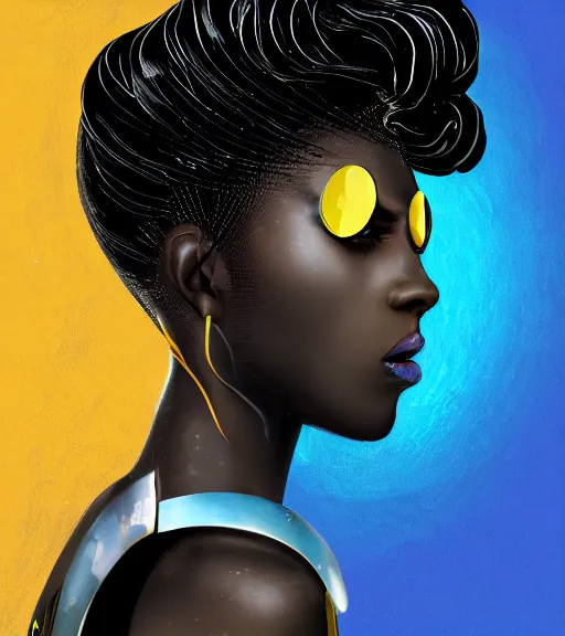 Image similar to a digital painting of a black woman with futuristic hair, side portrait, yellow highlights, a comic book panel by Craig Thompson, behance contest winner, afrofuturism, marvel comics, official art, artstation hq