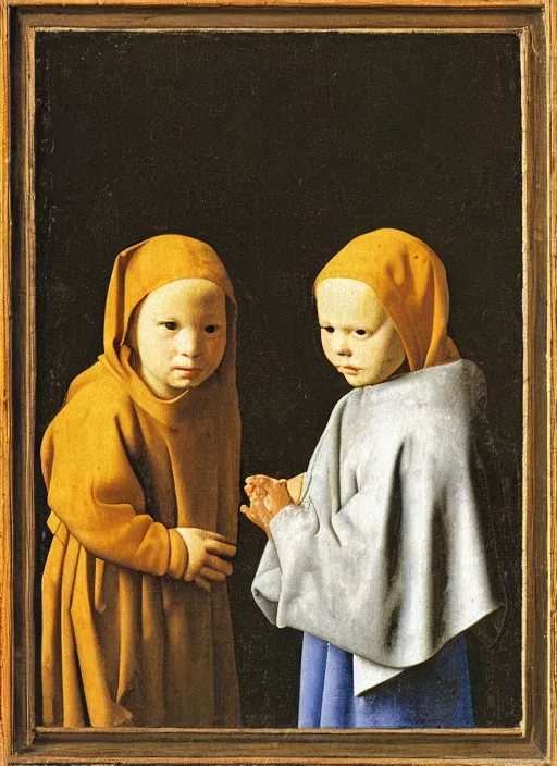 Image similar to Two little brothers look at each other, medieval painting by Jan van Eyck, Johannes Vermeer, Florence