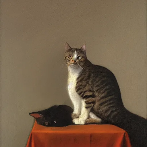 Image similar to A oil painting portrait of a cat wearing a turtleneck in the style of Johannes Vermeer,