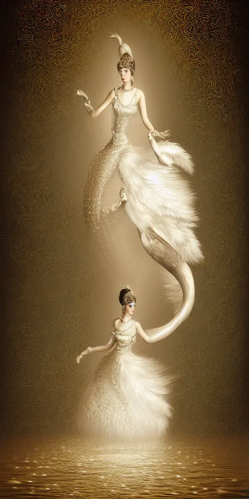 Image similar to a lady with a decorated dress made of white pearls and white plumes of swan highly detailed digital _ painting, cinematic, dramatic lighting