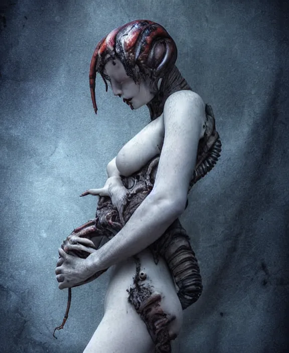 Image similar to xenomorph hugging pale sad beauty merging, dark mist colors, giger background liminal void, digital art, cinematic lighting, realistic, award winning photograph, various refining methods, micro macro autofocus