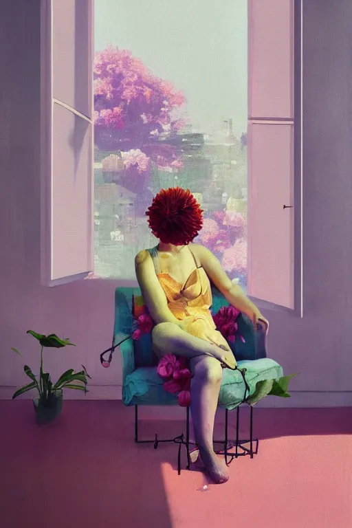 Prompt: closeup, huge flower head, white woman sitting on lounge chair by a modern window, surreal photography, studio light, impressionist painting, digital painting, artstation, simon stalenhag