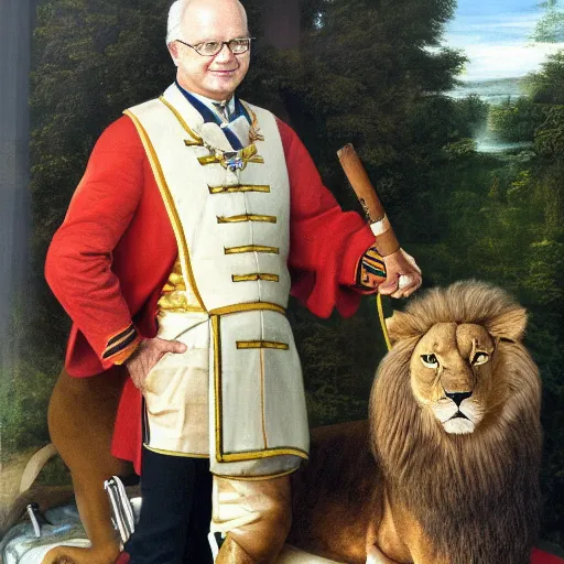 Image similar to Swedish king Carl XVI Gustaf with his pet lion, smoking a cigar, professional oil painting, highly detailed, renaissance