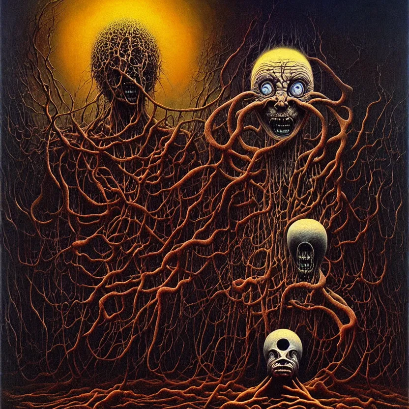 Image similar to a living nightmare, cosmic horror, by zdzisław beksinski and esao andrews and salvador dali, oil on canvas, mixed media, abstract, surreal, horror, dark, intricate textures