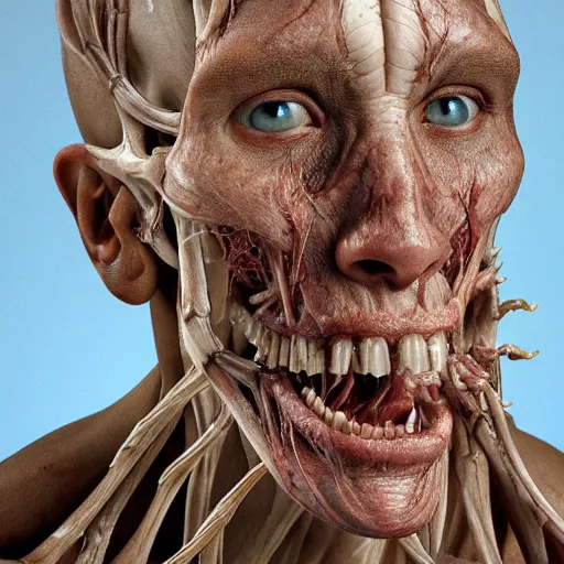 Image similar to male human with translucent skin, visible muscles and veins and arteries and bones and spines and nerves, beautiful detailed intricate insanely detailed octane render, 8k artistic photography, photorealistic, chiaroscuro, by David Cronenberg, Raphael, Caravaggio