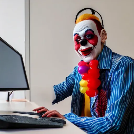 Image similar to a software developer sitting in front of a computer, dressed as a clown