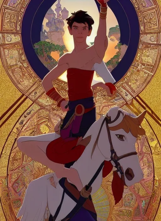 Image similar to skinny young tom holland as prince ali ababwa, iago perched nearby, natural lighting, path traced, highly detailed, high quality, beautiful digital painting, by don bluth and ross tran and studio ghibli and alphonse mucha, artgerm