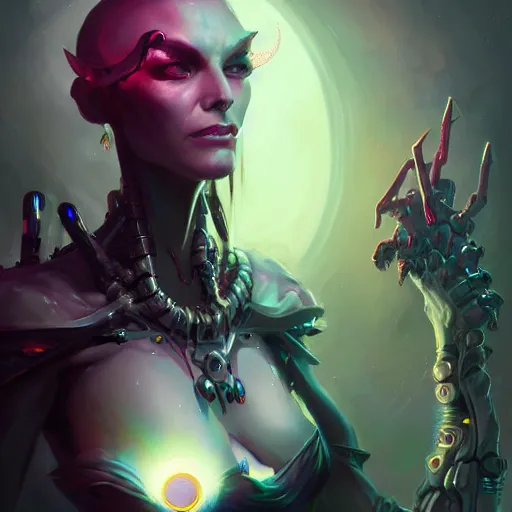 Image similar to a portrait of a beautiful demonic cybernetic queen of vampires, cyberpunk concept art by pete mohrbacher and wlop and artgerm and josan gonzales, digital art, highly detailed, intricate, sci-fi, sharp focus, Trending on Artstation HQ, deviantart, unreal engine 5, 4K UHD image