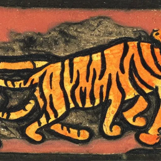 Image similar to bad drawn tiger made of smoke, lava and fire flying in the sky with many legs in a medieval manuscript, medieval manuscript, golden miniatures